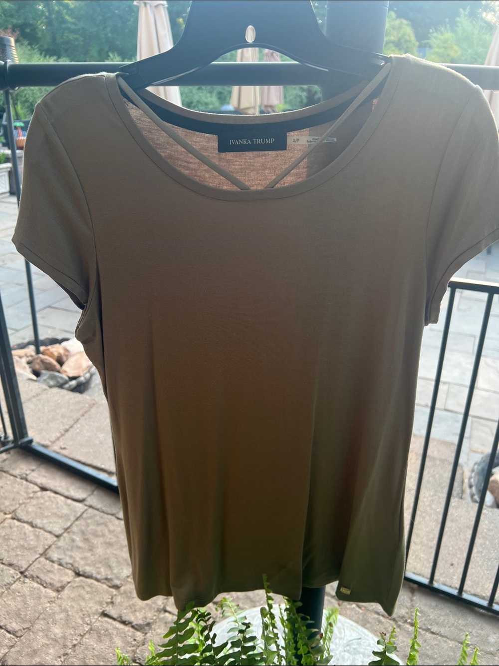 Ivanka Trump Olive Green Short-Sleeve Crewneck Top with Back Strap